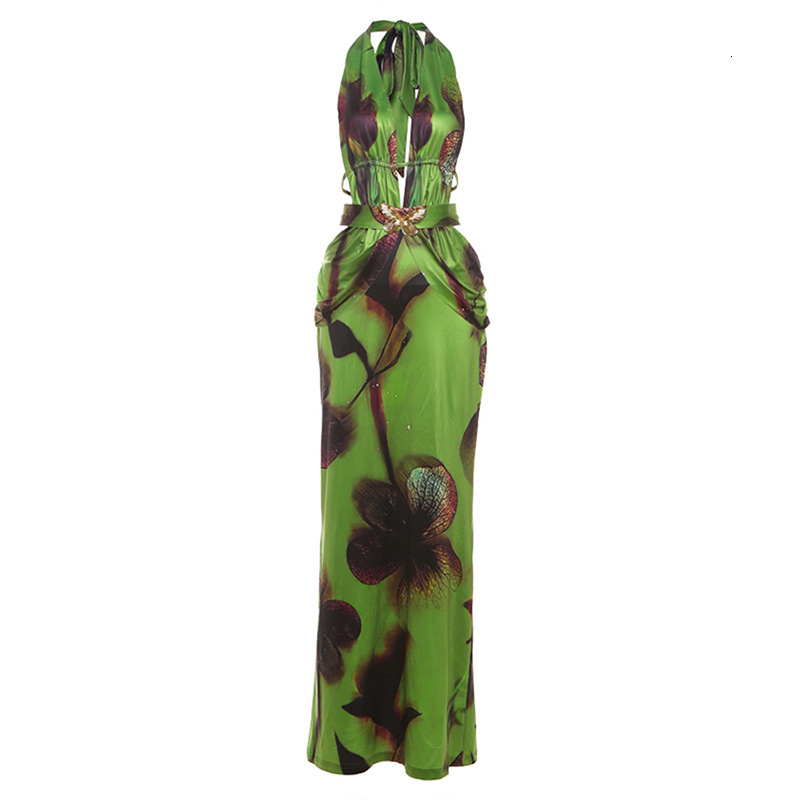 2025 Autumn New Womens Fashion Sexy Deep V Neck Halter Backless Slit Printed Dress