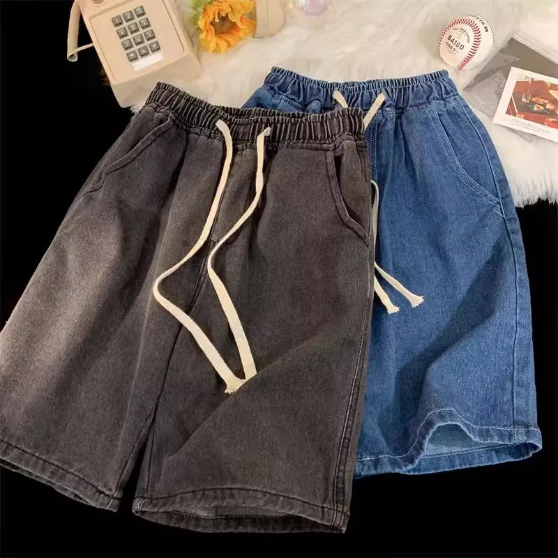 2025 Korean Style Vintage Mens Jeans Summer Loose Male Wide Leg Knee Length Shorts Washed Fashion Short Denim Pants 250729