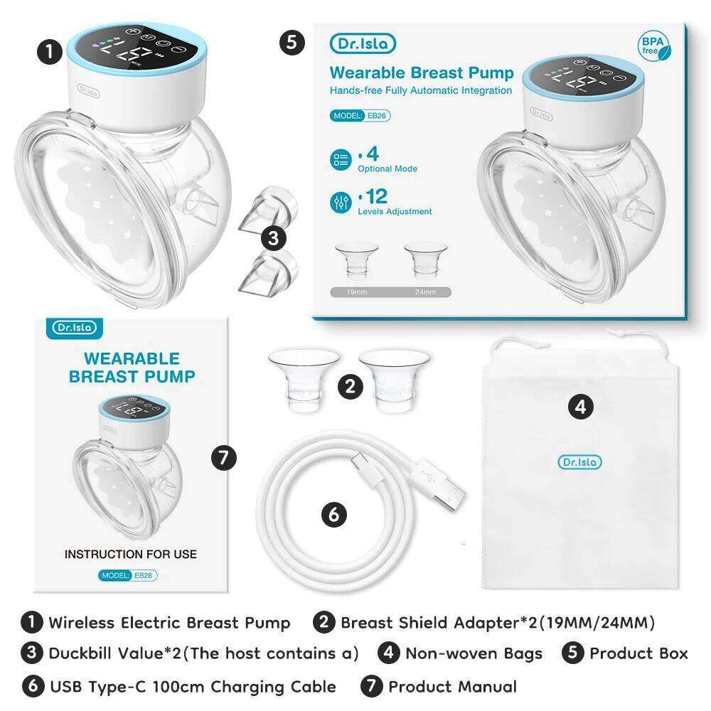 MAMIJOY Wearable Electric Pumps 4 Modes 12 Levels Portable Hands Free Breast Pump Silent Comfort With 19/24mm Flange EB26