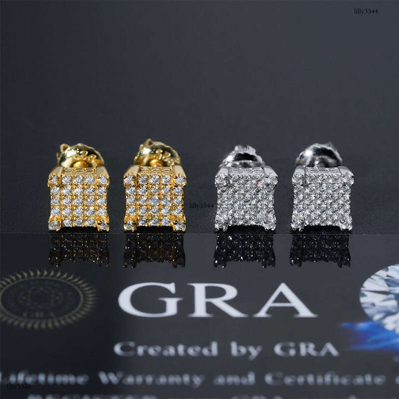 Hip-Hop Classic Square Unisex Sier Moissanite Full Inlay Personality Trendy Brand Earrings