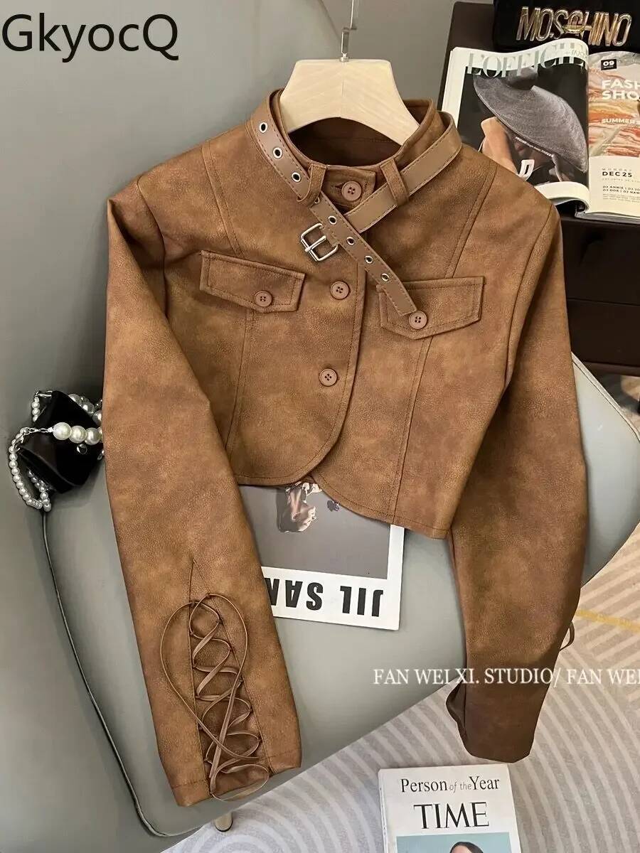 Gkyocq Korean Chic Women Coats Retro Brown Stand Collar Long Sleeve Lace Up Slim Short Jacket Pu Leather Female Tops Clothes