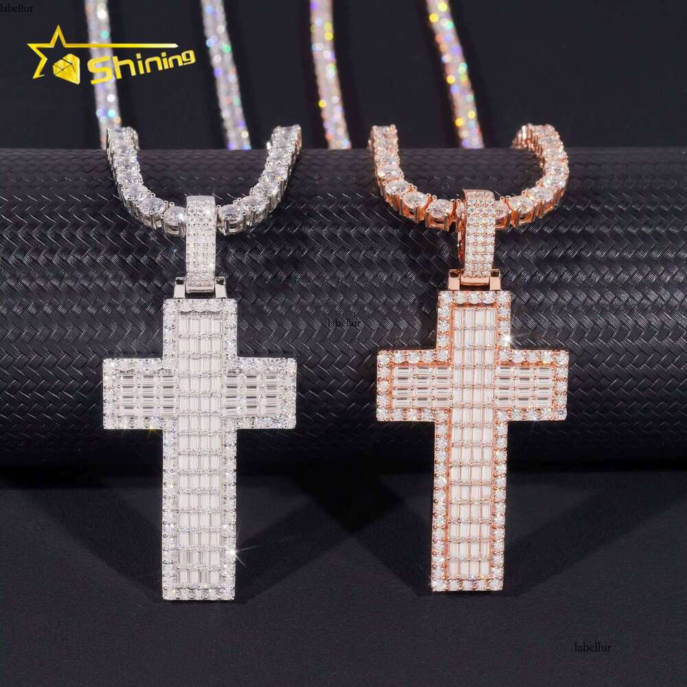 New Baguette Cross Pendant Sterling Sier Gold Plated Pass Dia Tester GRA Moissanite Charms Necklace