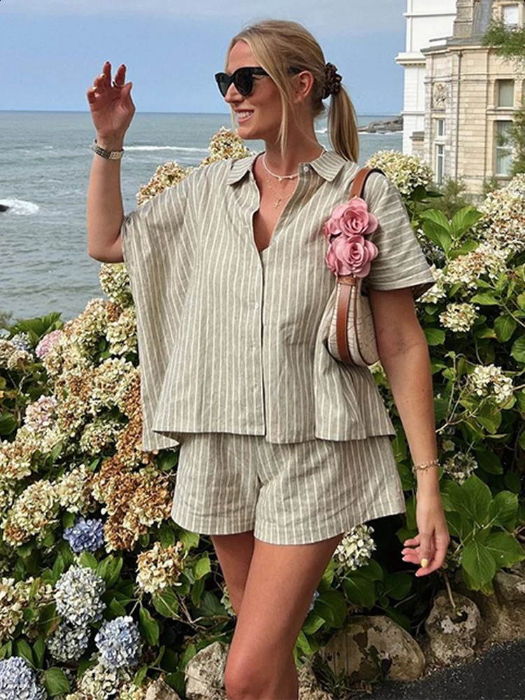 Casual Striped Lace Up Women Shorts Suits Lapel Half Sleeve Single Breasted Shirt Wide Leg Summer Chic Lady Sets 250809
