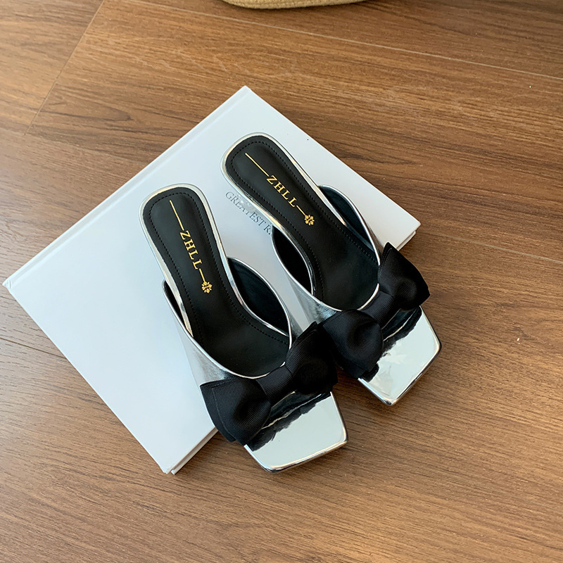 Summer high-end sandals new butterfly knot thick heel sandals half mule size plus width women's shoes designer sandals designer women's shoe