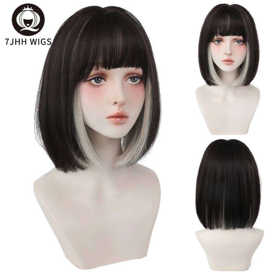 7JHH WIGS Short Bob with Bangs Highlight Siery Black Wig for Women Daily Cosplay Party Synthetic Hair Wigs Heat Resistant
