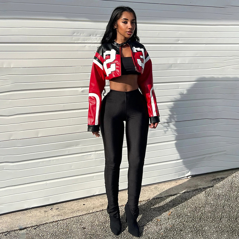 2024 Summer Womens New Fashion Motorcycle Contrast Embroidery Splicing Slim Fit Imitation Leather Jacket Coat