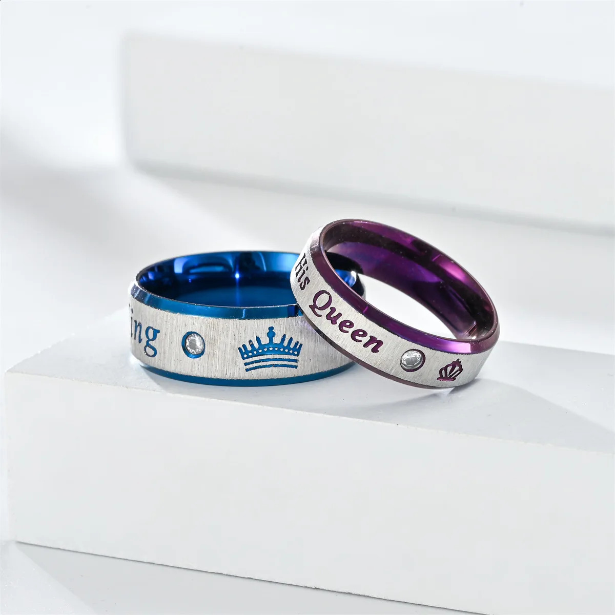 Fashion Stainless Steel Couple Rings Her King His Queen Promise Rings For Men Women With Zircon Anniversary Wedding Band Jewelry 250805