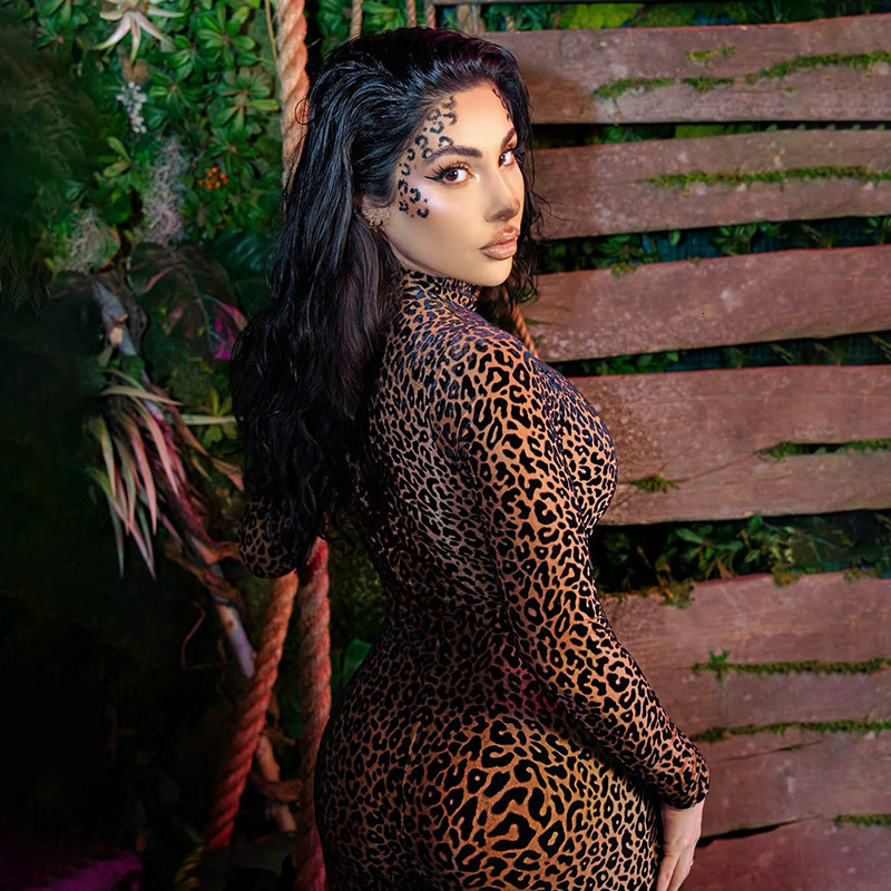 2025 Summer New Womens Fashion Sexy Leopard Print High Waist Slim Fit Bodycon Long Sleeve Jumpsuit