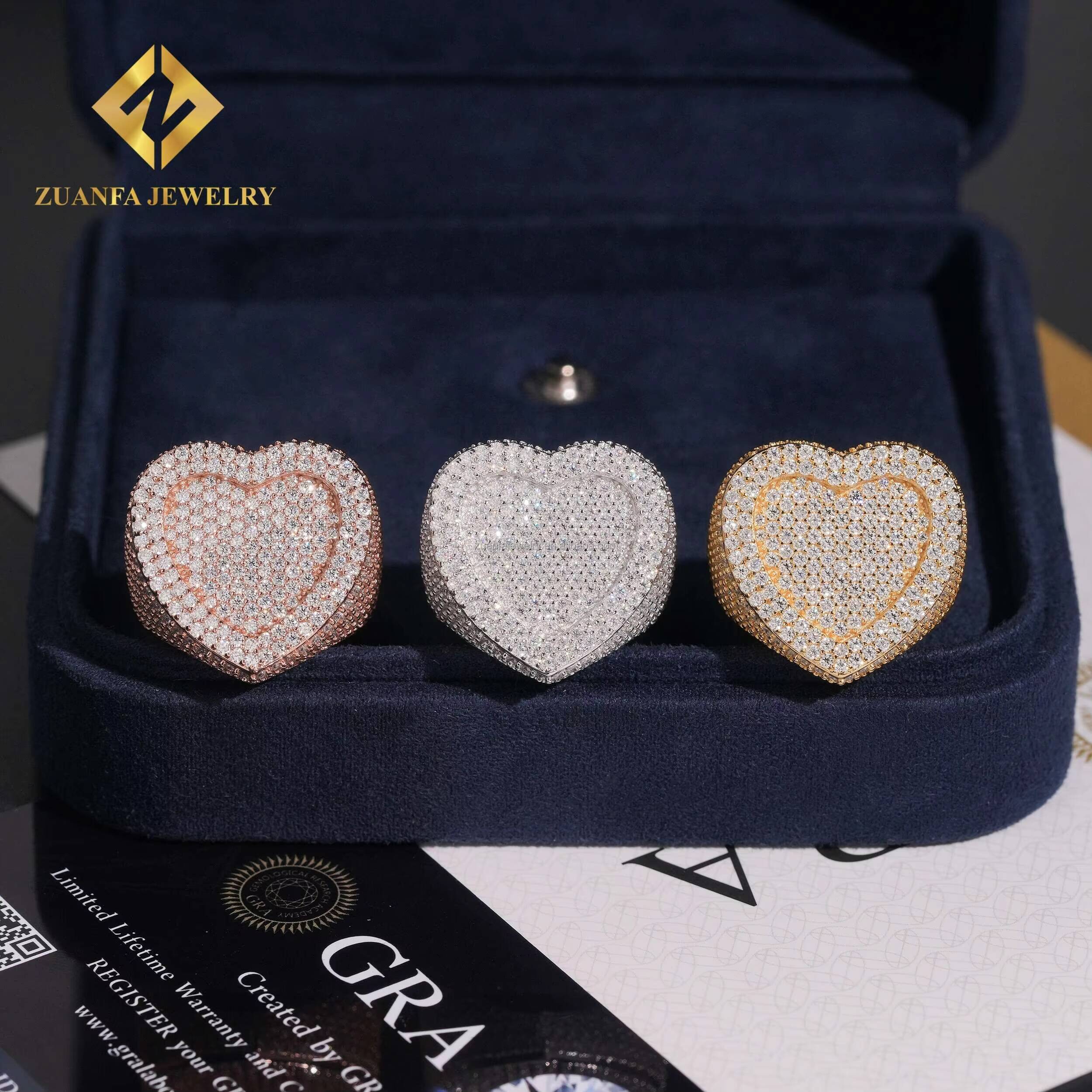 Bulk Stock Fashion Rapper 925 Solid Silver Hip Hop Luxury Iced Out Jewelry Heart Shape VVS1 Moissanite Diamond Man Band Ring