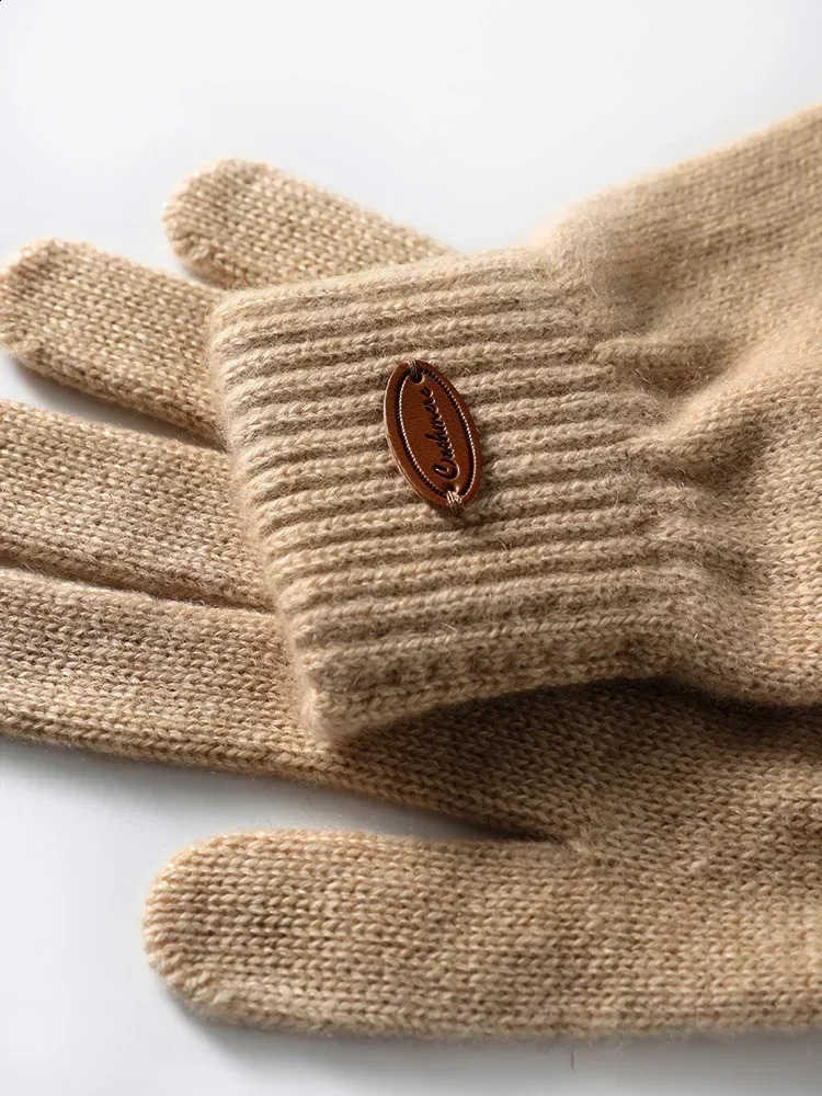 Women 100% Real Cashmere Knitted Thick Gloves Ribbed Cuff Fall Winter Touchscreen Finger Warm Wrist Length Classic Female Mitten 250807