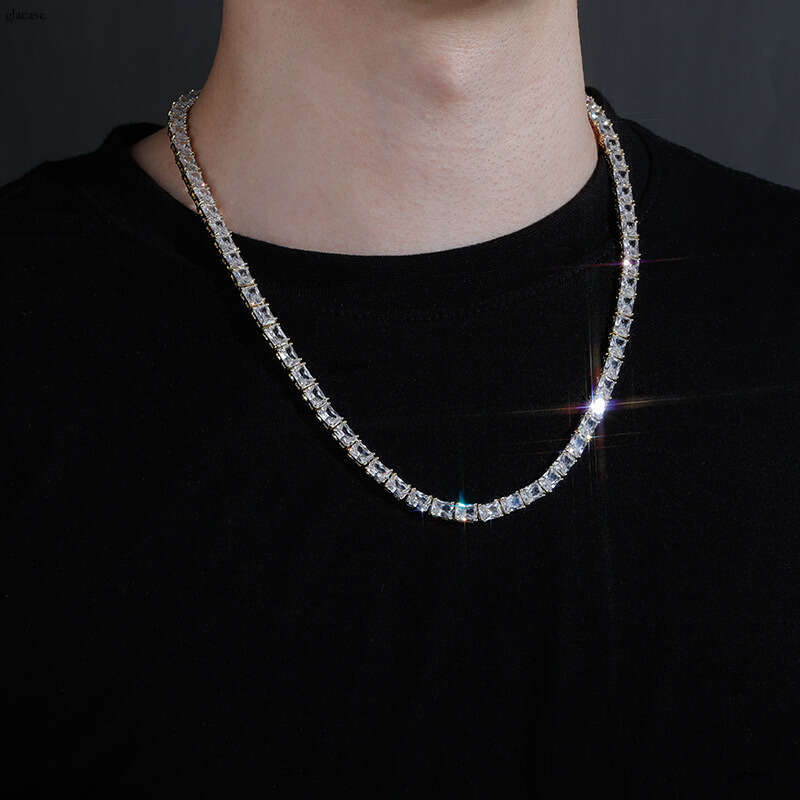 INS Hip-Hop Micro-Paved Square Moissanite chain Spring Clasp Tennis Chain Necklace Jewelry