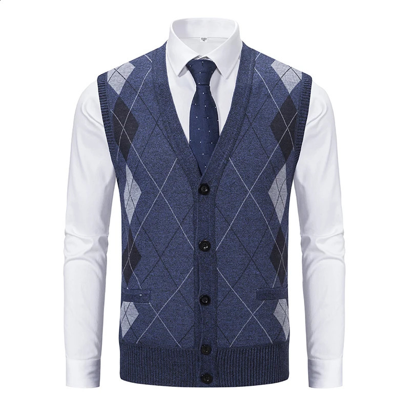 Spring Autumn Male Vest Sleeveless Sweater Fleece Warm Knitted Jackets Checkered Business Casual Button Up Coat Mens Clothing 250809