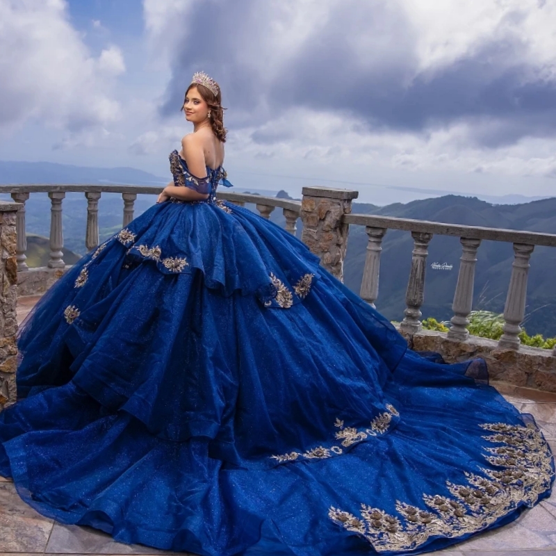Royal Blue Quinceanera Dresses Ball Gown Off The Shoulder Applique Lace Beads Tull Corset Party Birthday Sweet 16 Dress Vestidos 15 Anos