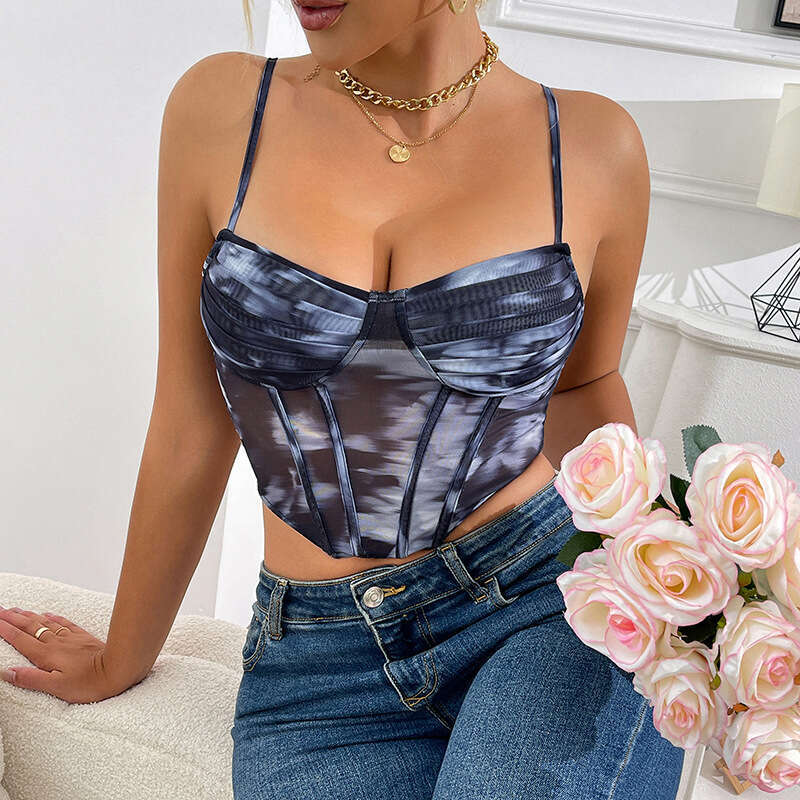 Sexy Fishbone Bra French Style Vest Fashion Printed Camisole Hot Girl Top New Arrival