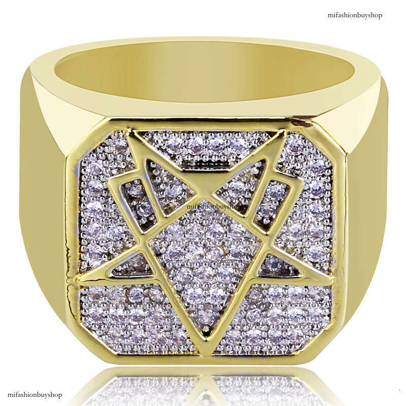 Hot Plated Gold Inlaid Zircon Geometric Shape Hip-Hop Men's Ring Trendy Jewelry