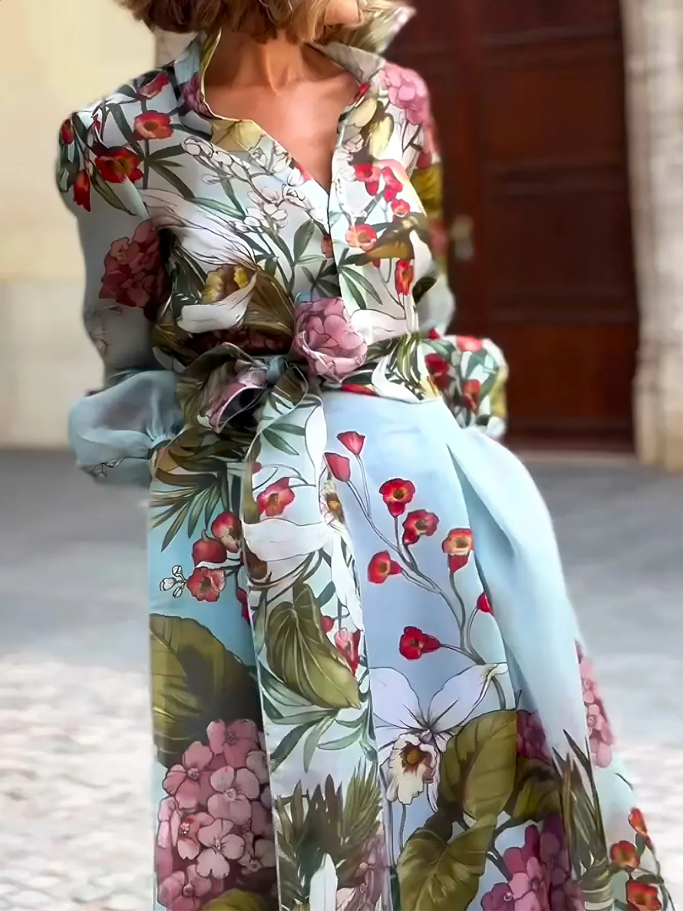 2025 Spring Floral Print Womens Two Pieces Set Long Sleeve Shirts High Waist Long Skirt Suits Female Chic Elegant Skirts Set 250808