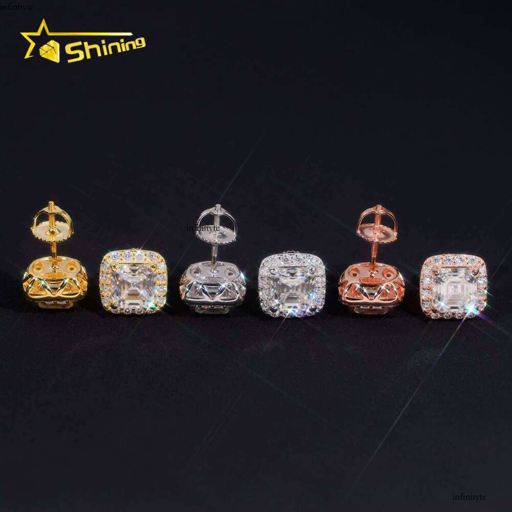 RTS Tester Certified Hip Hop Jewelry Sier Asscher Cut VVS Dia Moissanite Stud Fashion Earrings