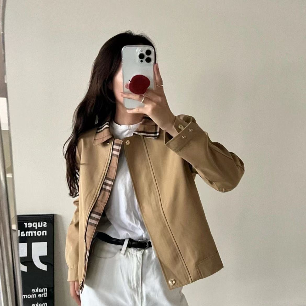 Vintage khaki check spliced coat Trench coat short coat Fall 2025 new jacket top