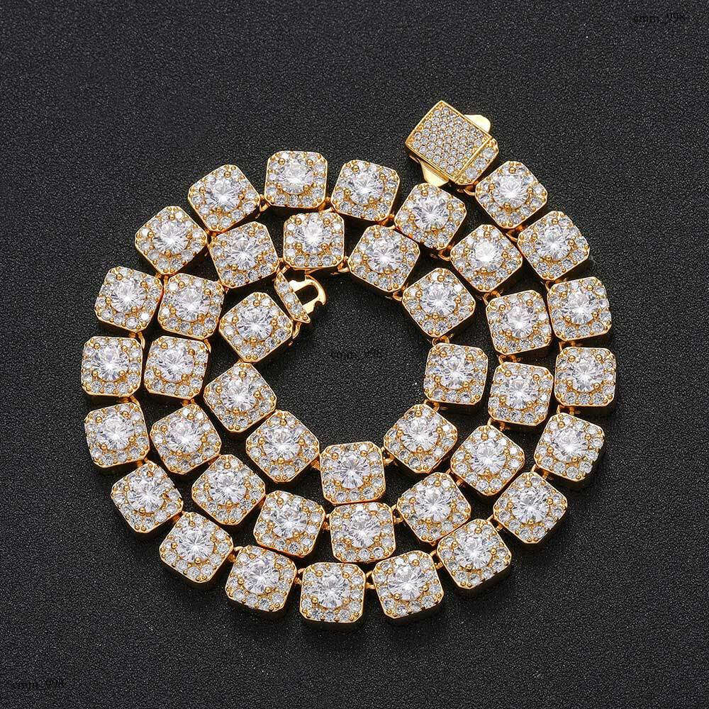 New 10mm Spring Buckle Square Rock Sugar Chain Moissanite chain Trendy Hip-Hop Men's Necklace Jewelry