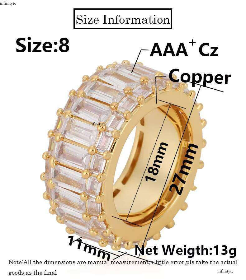 1mm Width Gold Dia Rings Hip Hop Iced Finger Jewelry Shiny CZ Stone Sier Plated Baguette Ring