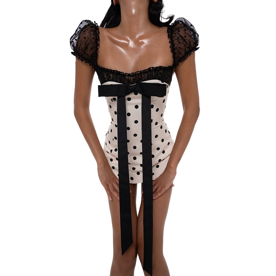 2025 Summer New Womens Clothing Bowknot Polka Dot Short Dress Sexy Lace Patchwork Waist-Hugging Bodycon Dress