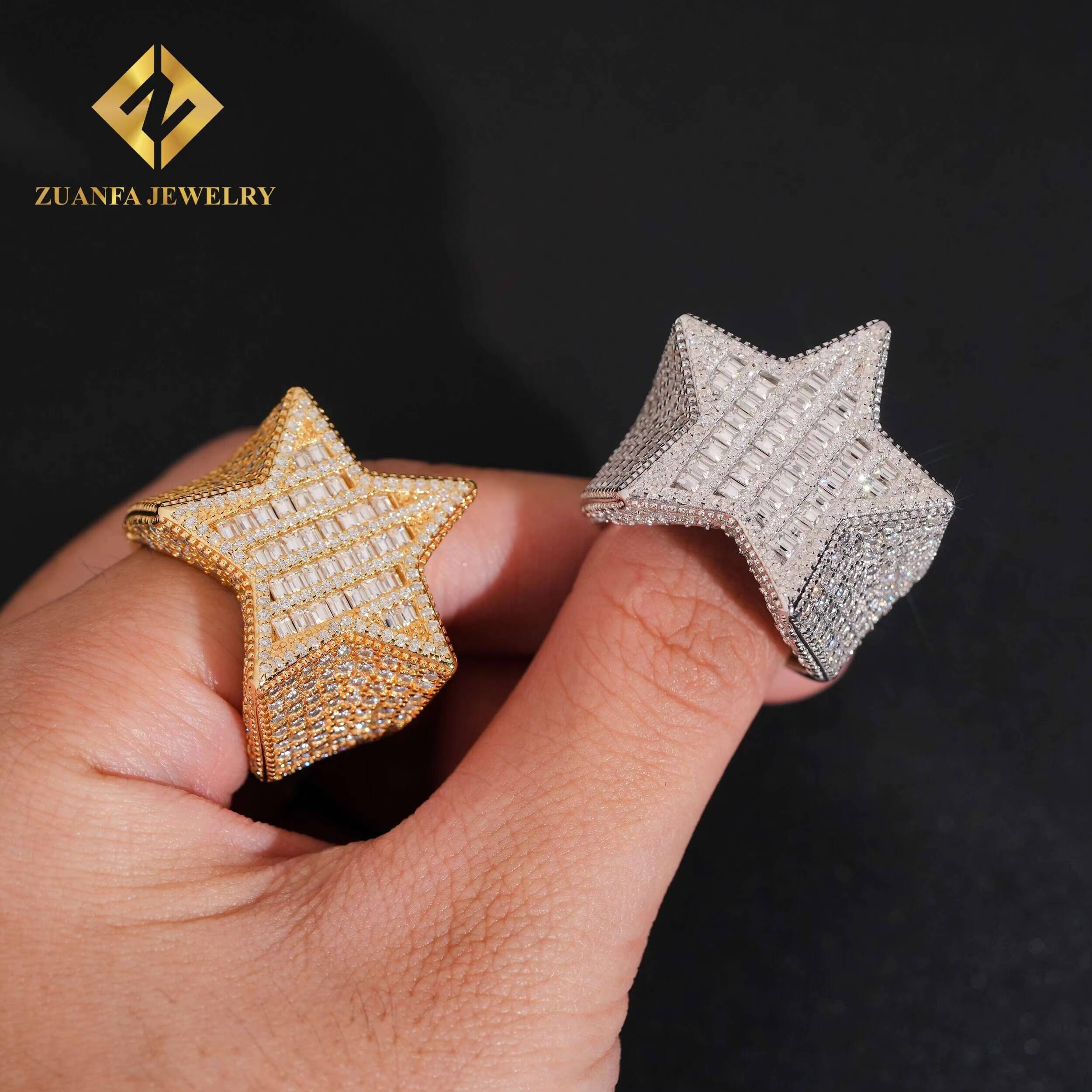 Trendy Jewelry Luxury Design Baguette Diamond Hip Hop Five Stars 925 Silver Iced Out VVS Moissanite Ring Mens
