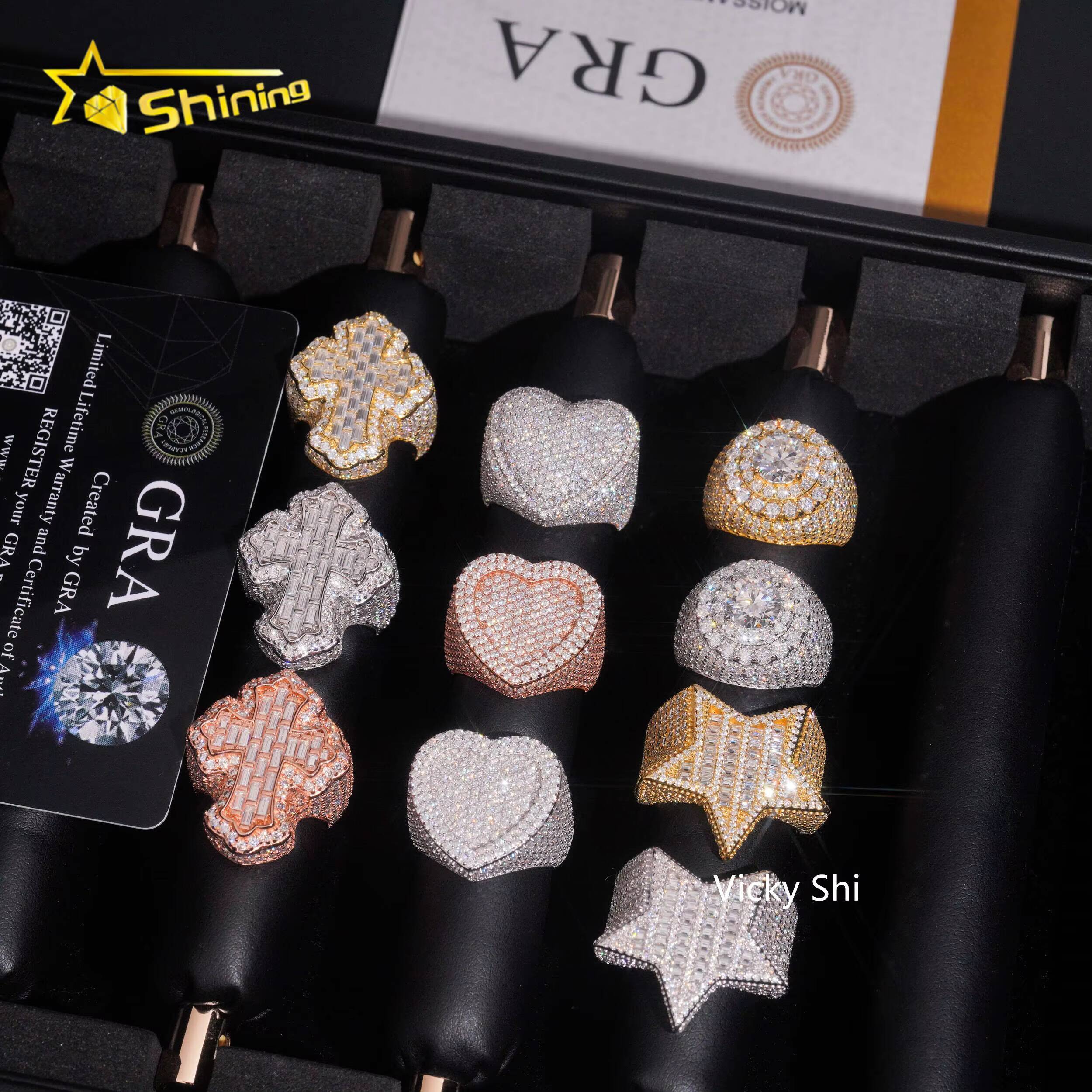 Hip Hop Jewelry 925 Sterling Silver VVS Moissanite Ring Men Iced Out Cross Heart Star Shape Rings Collection Rings Daily Wear