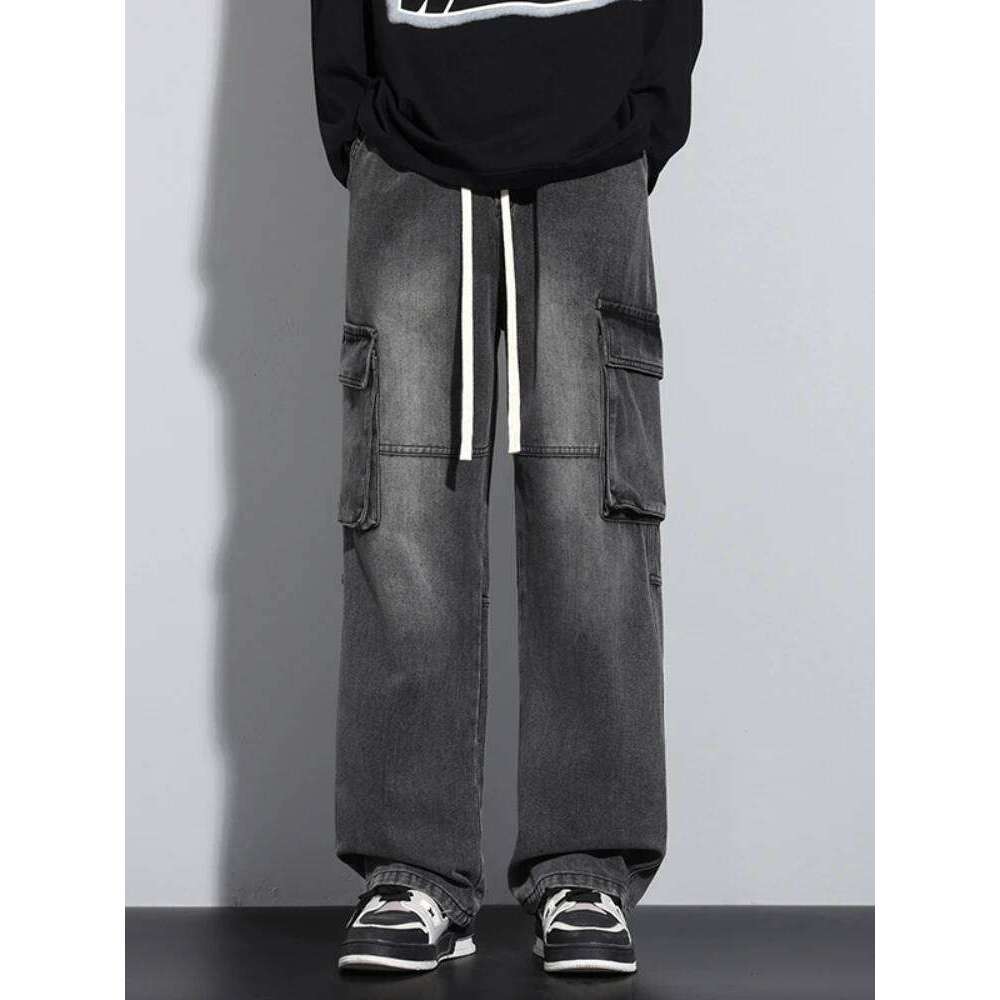 New Men's Baggy Straight Cargo Jeans Elastic Waist Vintage Blue Black Smoky gray Denim Pants Fashion High Street Male Trousers