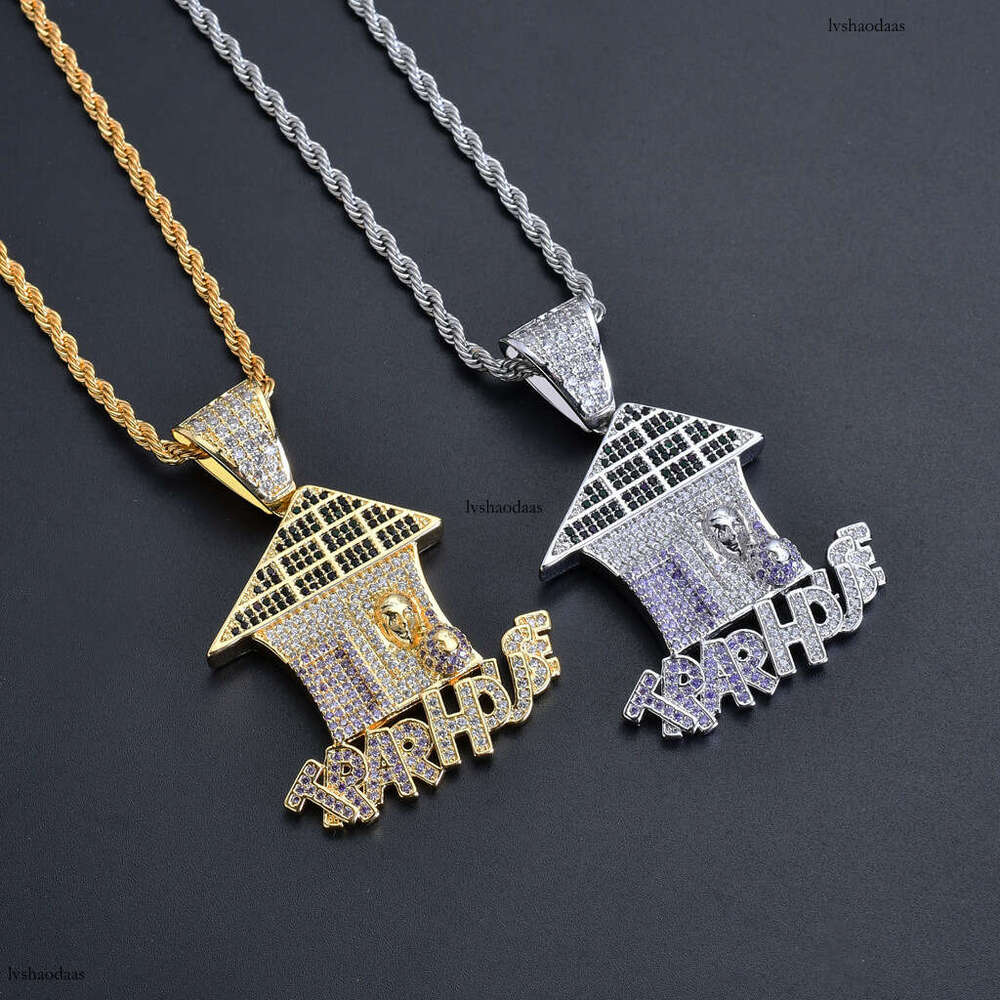 Trendy House Micro-Inlaid Colorful Moissanite chain Necklace TrapHouse Pendant Hip-Hop Accessories