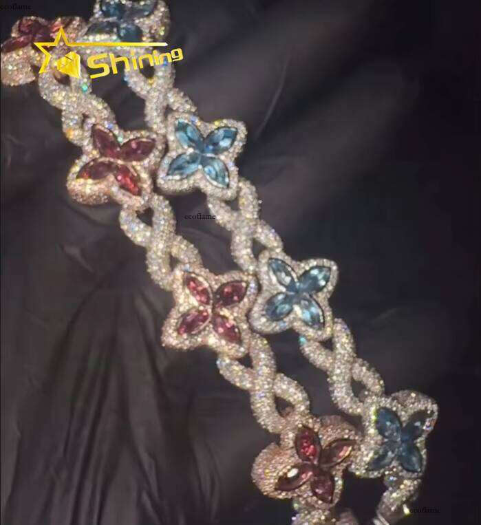 Hot Sale Popular Shining Hip Hop Sier Pink Blue Marquise Infinity Cuban Link Moissanite Bracelet