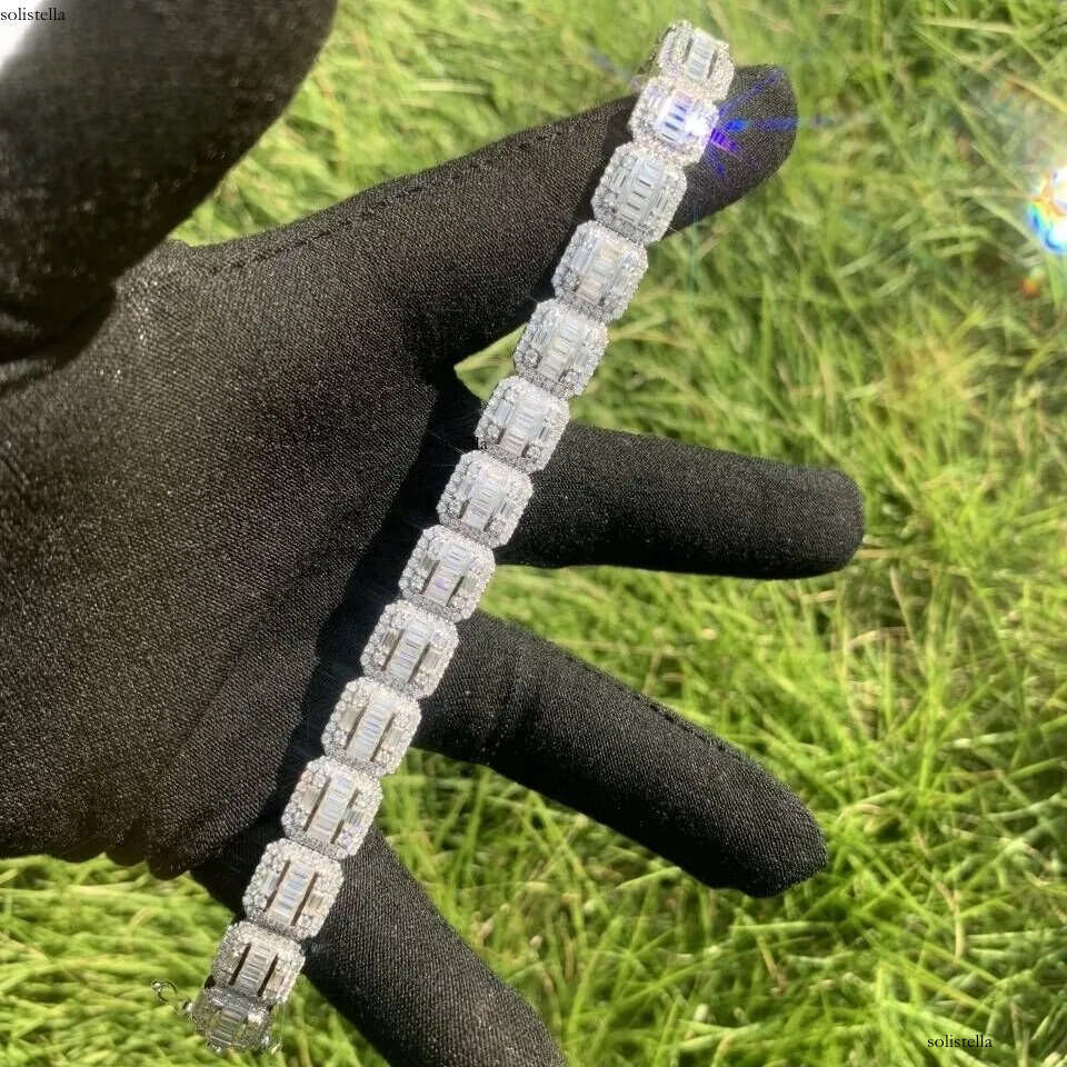 13MM Square Sier Hip Hop Jewelry Iced Out Baguette Moissanite Dia Bling Cluster Circle Tennis Bracelet