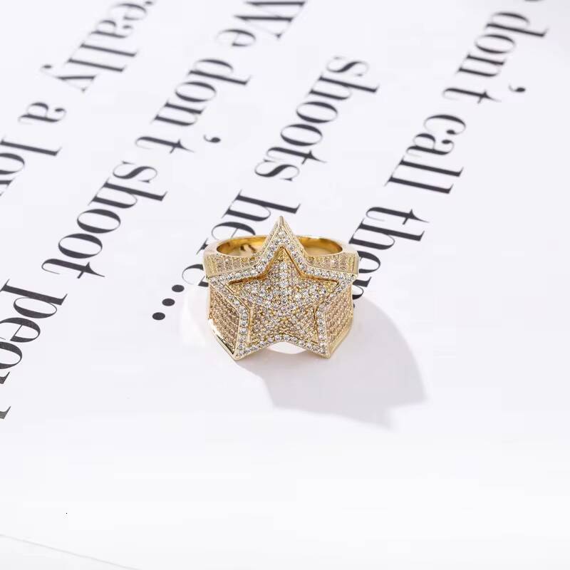 Luxury Hip Hop Mens Rapper Rings High Quality Iced Out Full Pave Moissanite Stone 3D Five-Pointed Star Inlaid Micro Pave Moissanite Jewelry