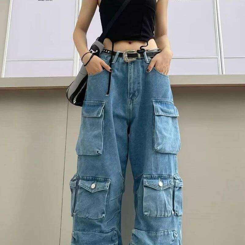 Trendy Women's Denim Workwear Street Style Black & Grey Multi-Pocket Jeans | American Casual High-Waist Functional Design