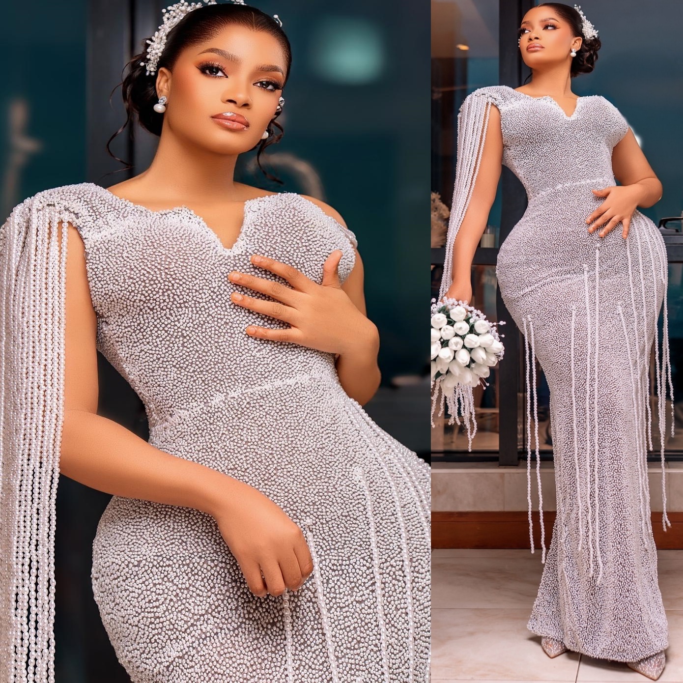 Mermaid Beige Prom Dresses 2025 One Shoulder Pearls Tassels Evening Formal Party Second Birthday Engagement Gowns Plus Size Dress For Special Occasion