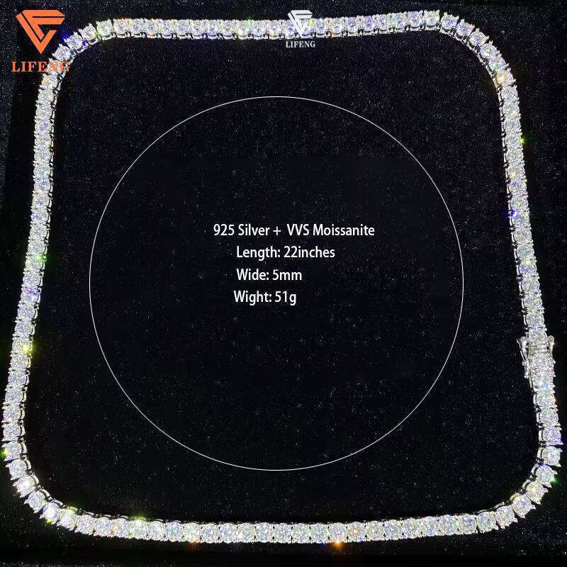 Lifeng 5mm Custom Sterling Sier vvs Moissanite Fine Tennis link chains Necklace Dia Hiphop Jewelry