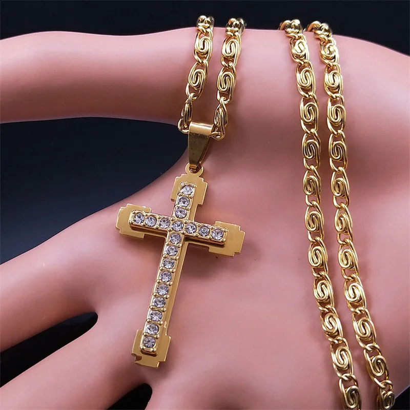 HNSP Stainless Steel Zircon Cross Necklace Pendant For Men Women Jewelry Accessories 250805