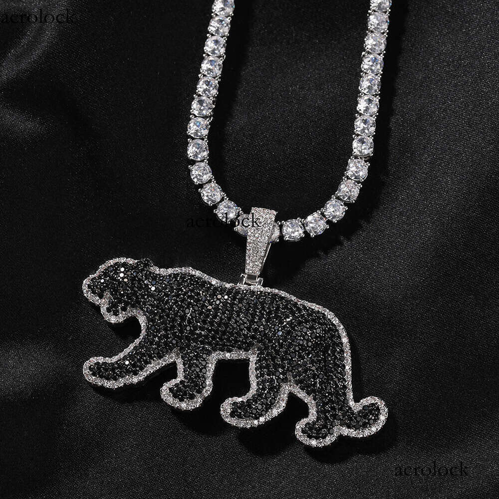 New Black Dia-Encrusted Leopard Pendant Jewelry Men's American Fashion Hip-Hop Sterling Silver Material Animal Necklace