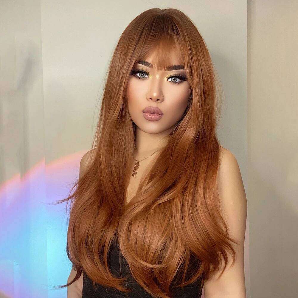 GEMMA Red Brown Copper Ginger Long Straight Synthetic for Women Natural Wave Wigs with Bangs Heat Resistant Cosplay Hair