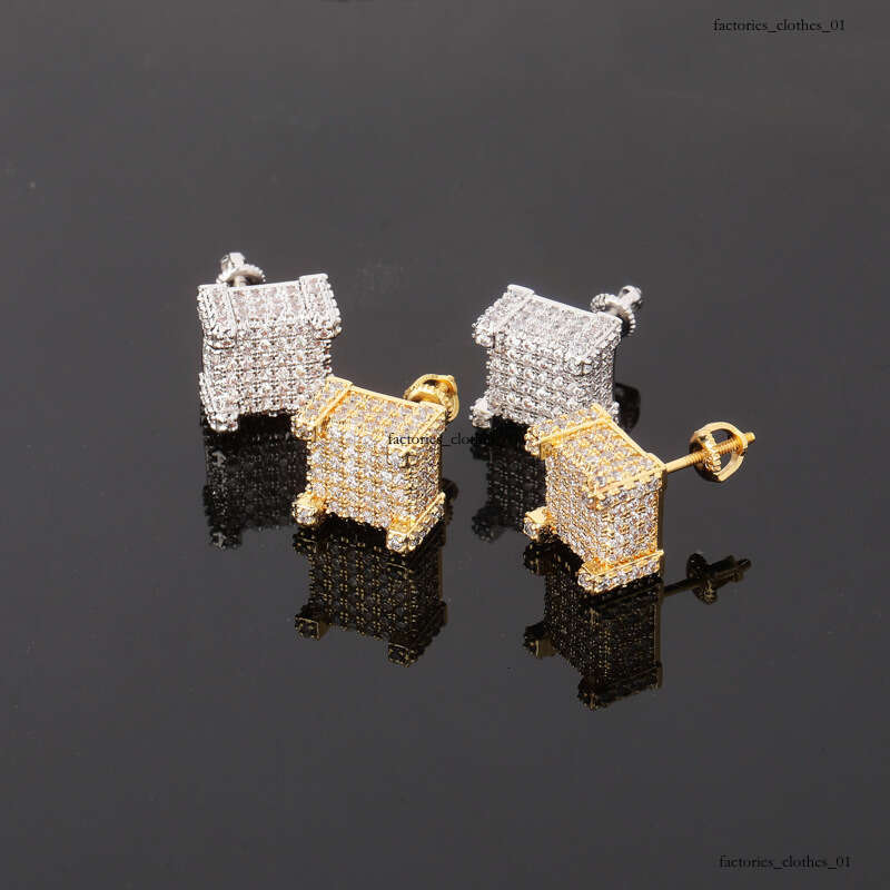 Square Full Zircon Stud Earrings Hip Hop Jewelry Sier Ear Needle