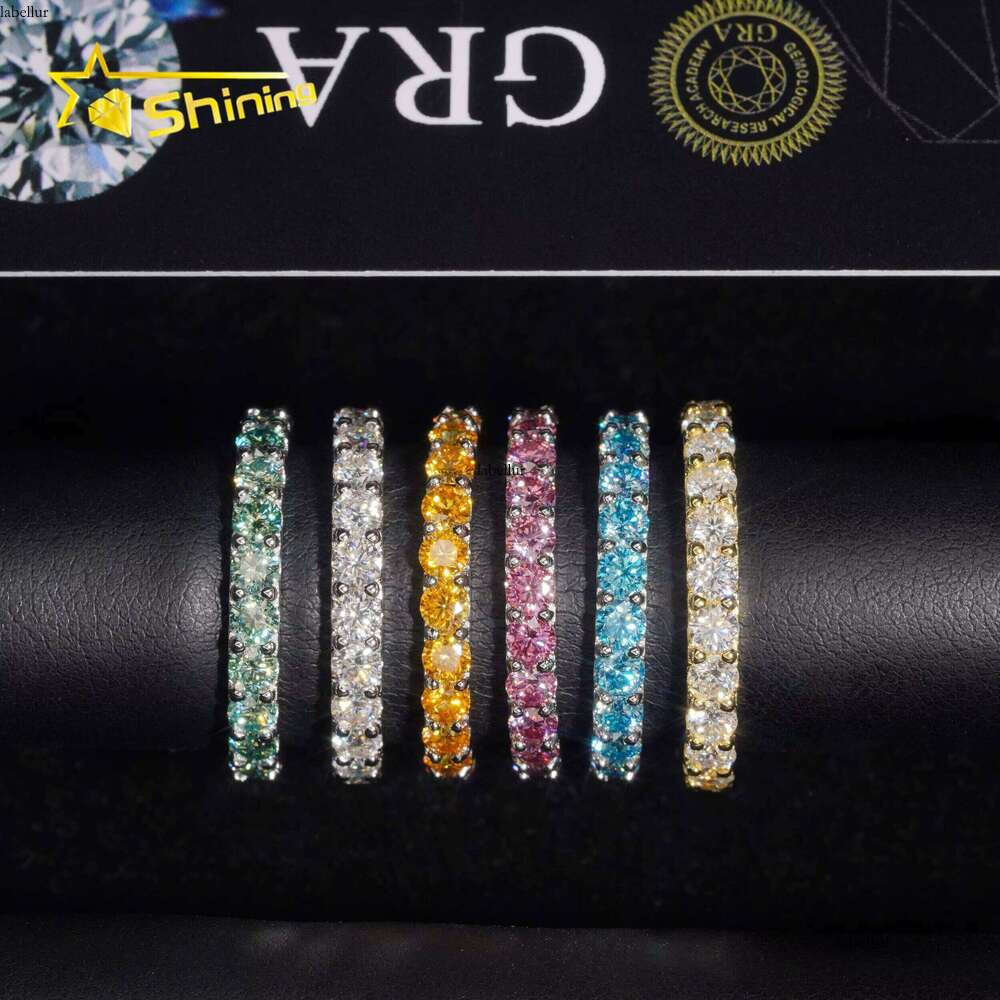 Pass Dia Tester Fine Jewelry Eternity Hip Hop Rings Solid Sterling Sier 3.0mm Colored Moissanite Band Ring