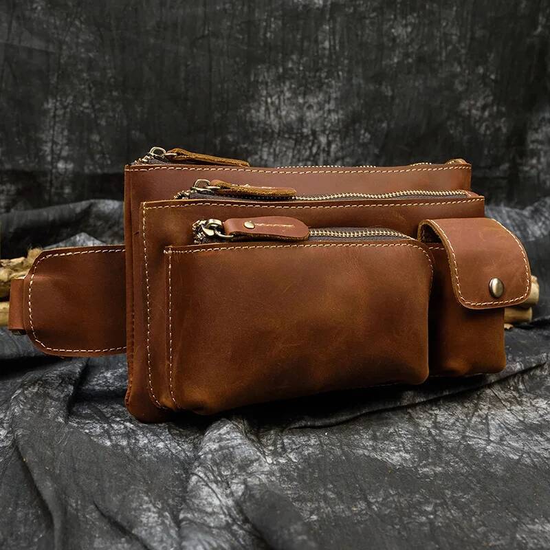 MAHEU Casual Men's Leather Outdoor Belt pouch Anti Theft Men Male Waist pack Bum Bag Fanny Pack 3 Zipper