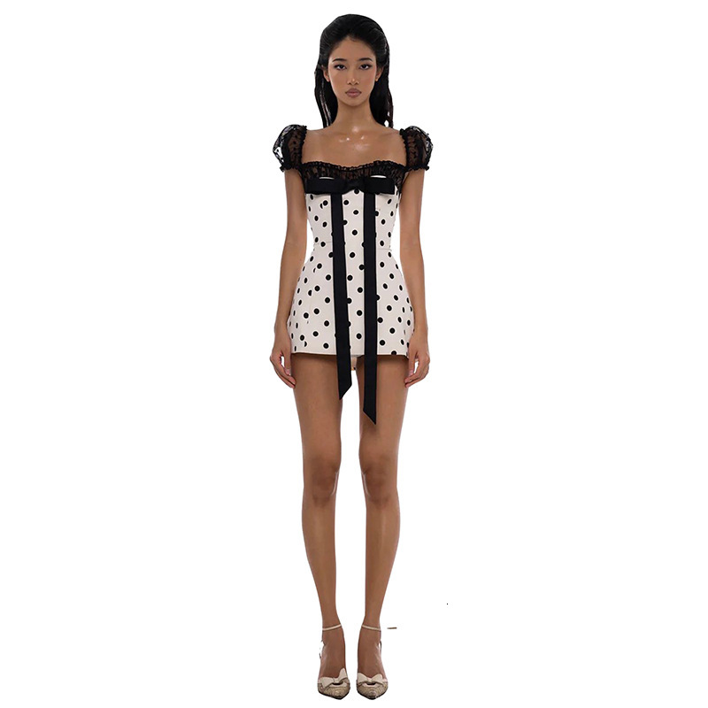 2025 Summer New Womens Clothing Bowknot Polka Dot Short Dress Sexy Lace Patchwork Waist-Hugging Bodycon Dress