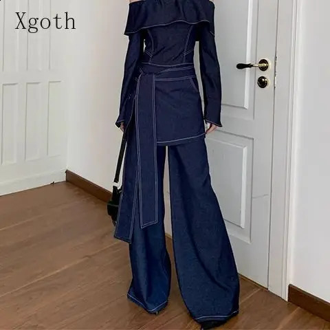 Xgoth Spring Retro Off Shoulder Denim Long Sleeve Top Strap Waist Slimming Wide Leg Jeans Set Two Piece Set Women Outfits 250808