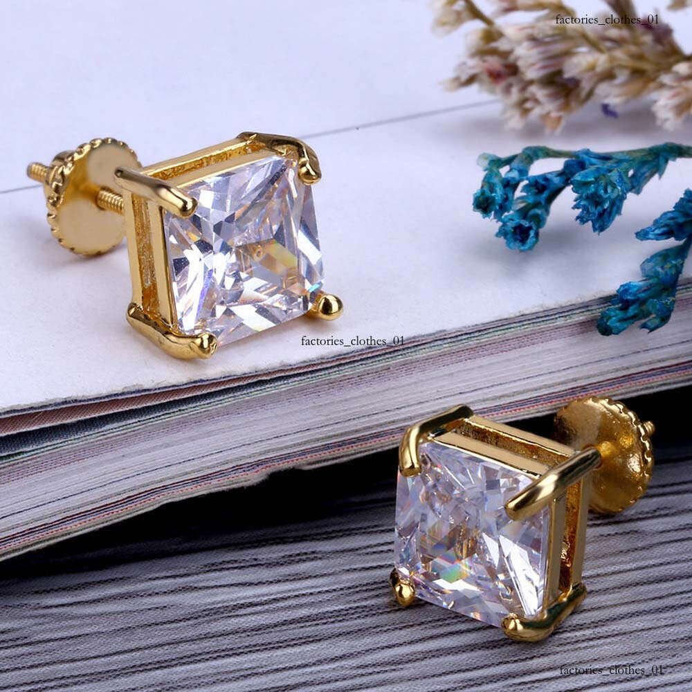 New Gold-Plated Micro-Paved Square Zircon Threaded Earrings Hiphop 6mm Ear Jewelry