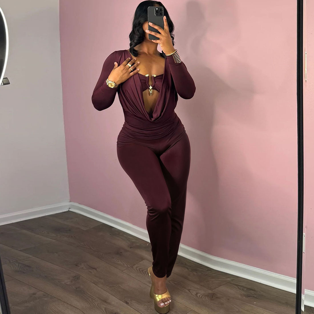 2025 Summer New Womens Fashion Sexy Strapless Scoop Neck Waist-Cinching Bodycon Solid Color Jumpsuit