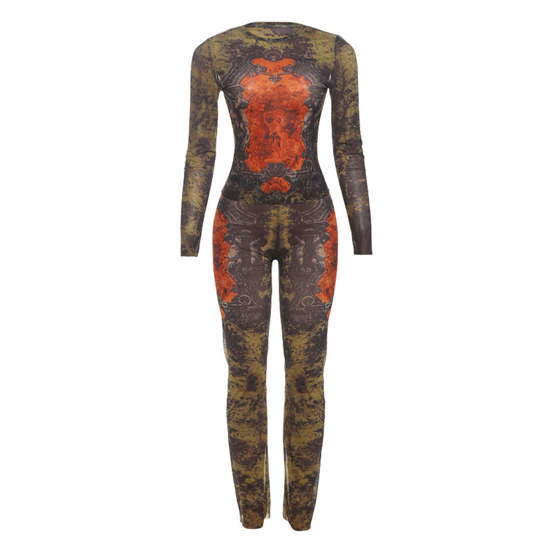 2025 Summer New Womens Fashion Printed Waist-Cinching Long Sleeve Top Slim Fit Long Pants Set for Women