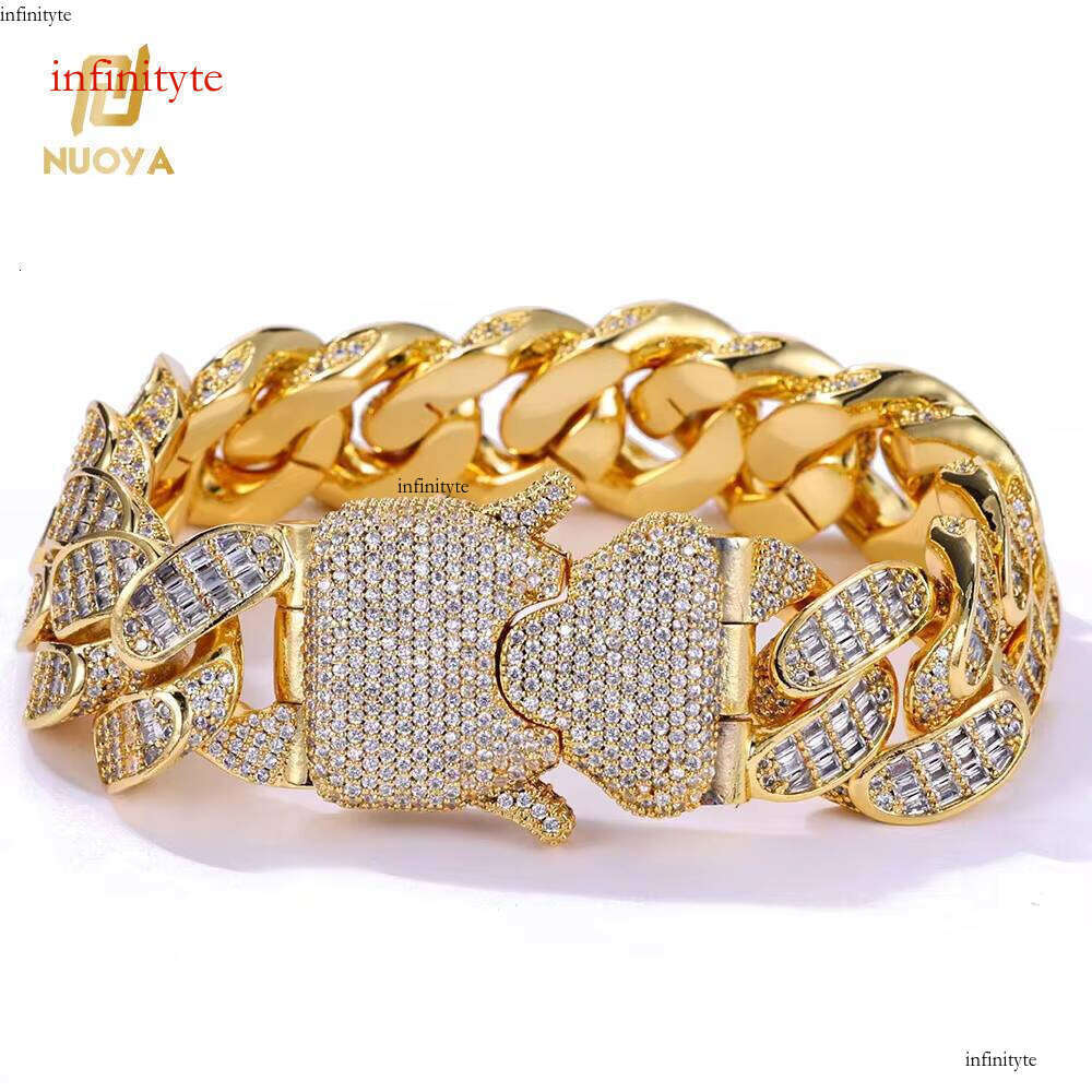 NUOYA HipHop Jewelry Personalized Custom Bling Dia Elastic Buckle Full Pave Baguette Zircon Cuban Chain Bracelet
