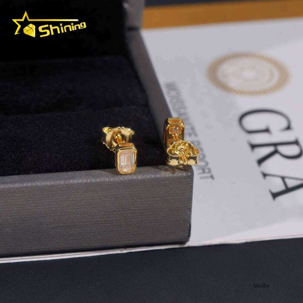 New Arrival Hip Hop Gold Plated Bezel Setting Emerald Cut Moissanite Sier VVS Dia Earrings
