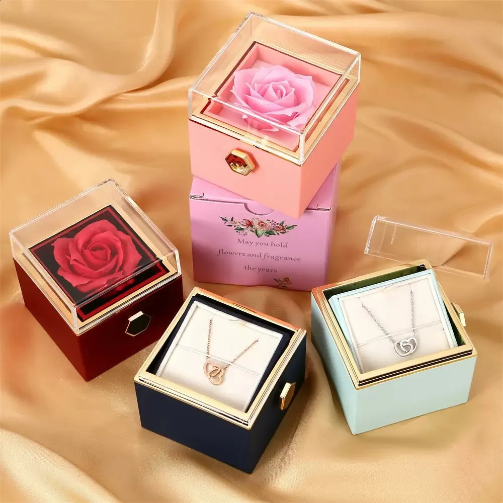 Custom Names Heart Necklace Personalized Jewelry Rotating Rose Box Pendant Chain For Women Wife Valentines Anniversary Present 250805