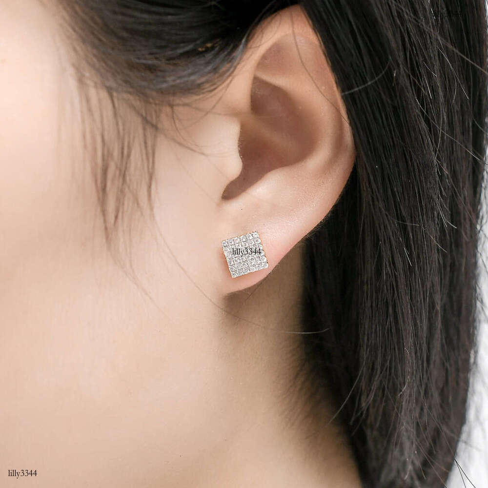 New Sier Micro Paved 6 Rows Zircon Square Men's Trendy Simple Hip Hop Earrings